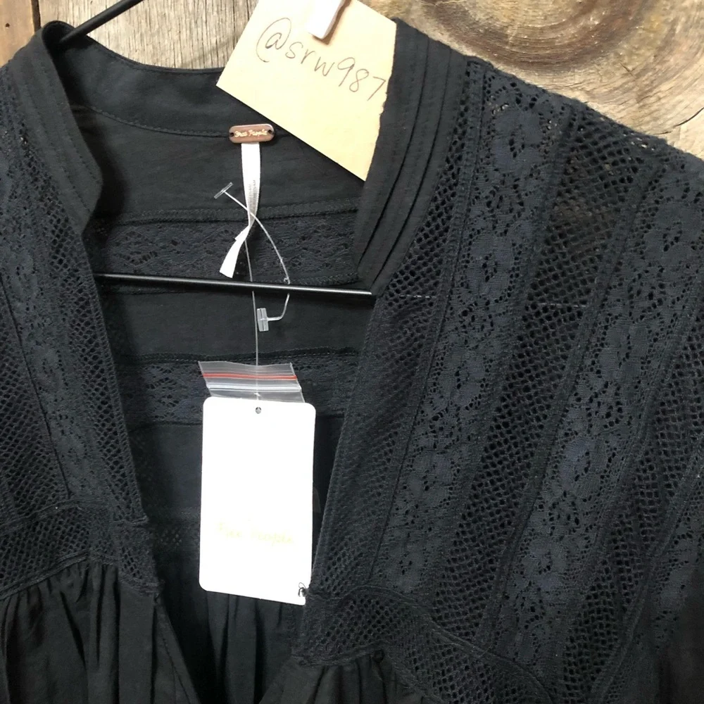 Free People Esme Lace Trim Blouse in Black Size Small